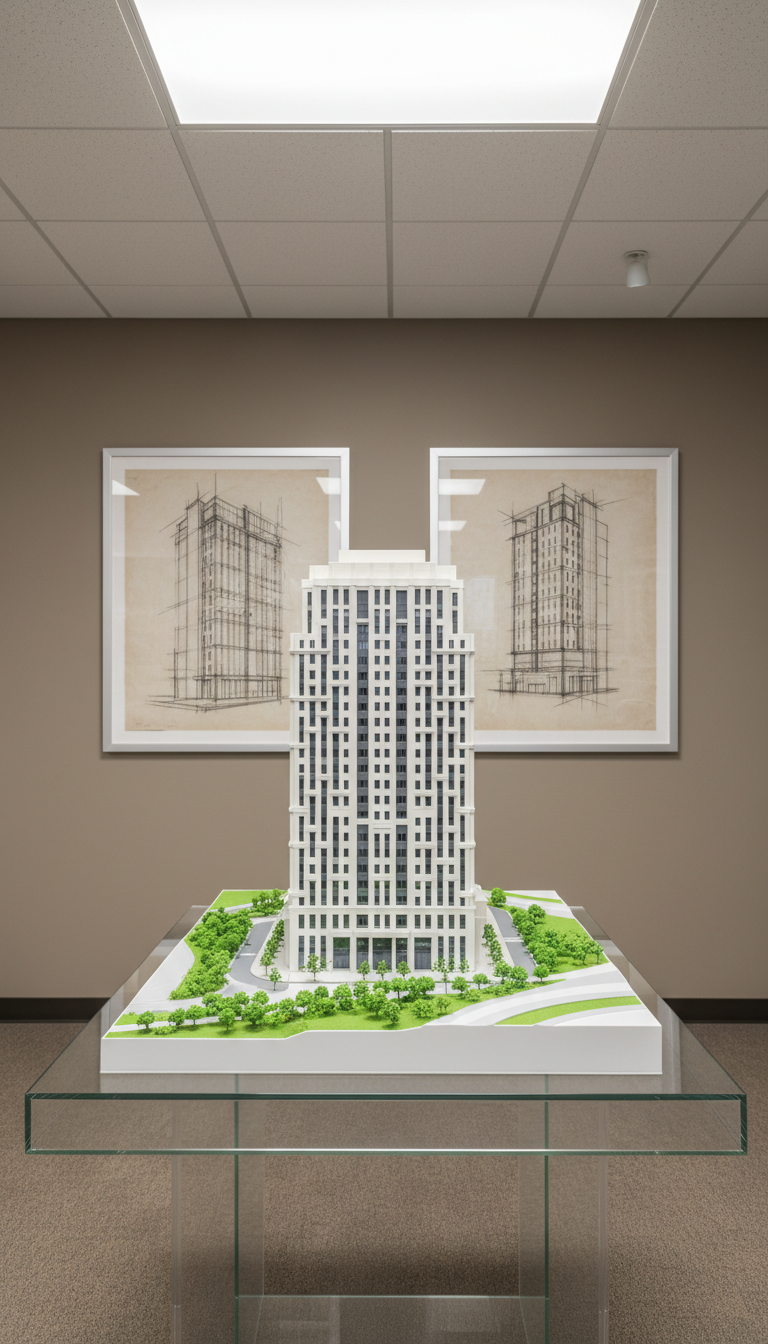 A scale model of a contemporary commercial building crafted from smooth white resin with matte grey accents, displayed on a clear glass plinth. The model features intricate façade detailing and landscaped surroundings, giving a sense of meticulous planning and expertise. The setting is a pristine office showroom with a neutral, taupe-colored wall behind and subtle architectural sketches mounted as artwork. Diffused overhead office lights highlight the model’s contours and cast soft shadows, enhancing dimensionality without harsh contrasts. The mood is sophisticated and authoritative, reflecting reliability and technical mastery. Photographed at eye-level with a slight emphasis on perspective depth, the composition uses balanced framing, evoking a clean, corporate sense of excellence appropriate for a construction consultant’s portfolio.