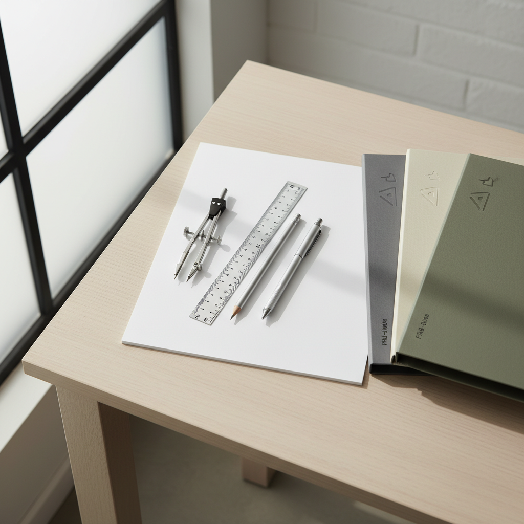 An elegant set of silver-tipped drafting tools—compass, ruler, mechanical pencil—resting neatly on an unmarked white drawing pad, beside a stack of matte, neutral-toned folders labeled with embossed projects codes. The arrangement sits on a pale wooden desk with clean edges in a bright, sunlit office corner. Soft natural light streams in from an adjacent frosted window, creating gentle reflections on the metal tools and subtle shadows on the crisp desk surface. The mood is organized, methodical, and quietly industrious, evoking trust and clarity. Captured from an overhead, directly top-down angle with minimal background distractions, the composition is precise and uncluttered. The image embodies a photographic, minimalist aesthetic that aligns with the professional persona of a construction consultant’s workspace.